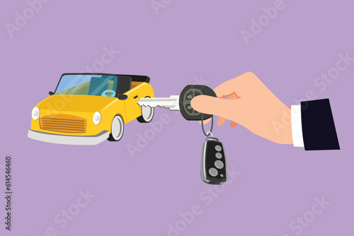 Graphic flat design drawing of hand turning the key in the hole on car door. Young businessman uses key to open the new vehicle. Automobile rental logo, icon, symbol. Cartoon style vector illustration