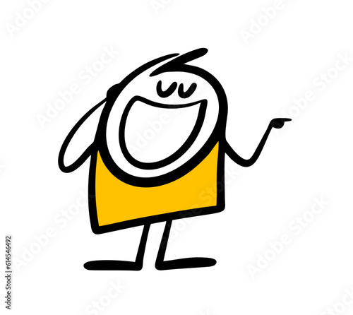 Delighted stickman closed his eyes and pointed to the side with his finger. Vector illustration of joker and scoffer.