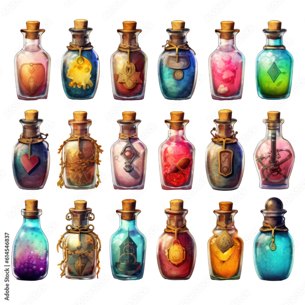 collection of brightly colored potions galore isolated on a transparent background, generative ai