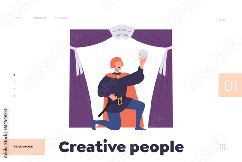 Creative people landing page design template with dramatic theater player actor male character