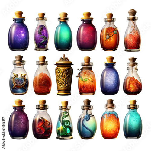 collection of brightly colored potions galore isolated on a transparent background, generative ai