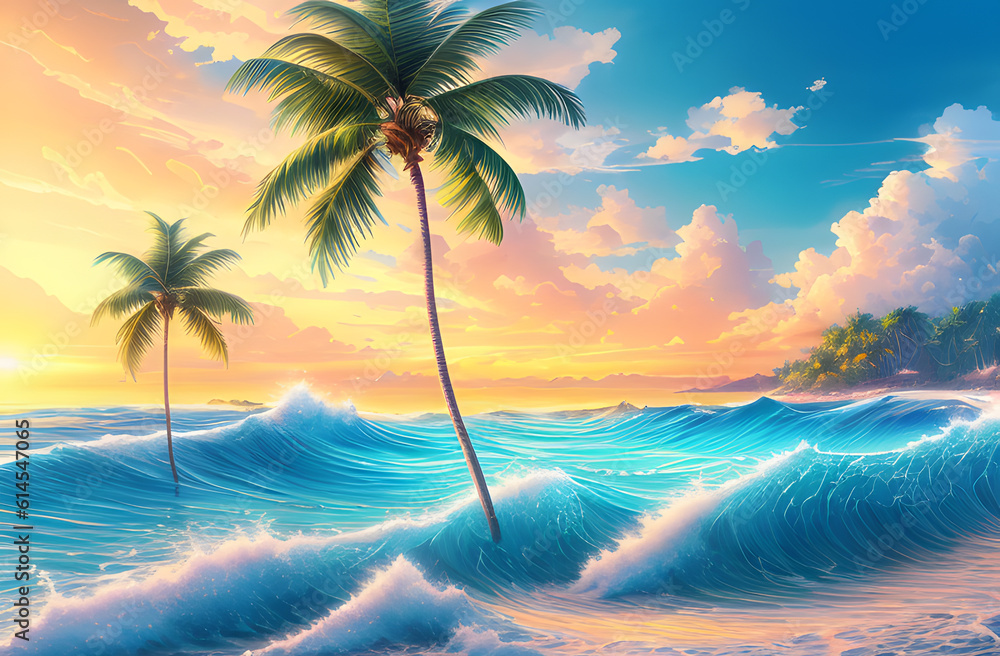 Beautiful tropical beach and sea landscape with coconut palm tree. Holiday Vacation concept. Tropical beach with palm trees at sunset. Beautiful sea waves. Generative AI technology.
