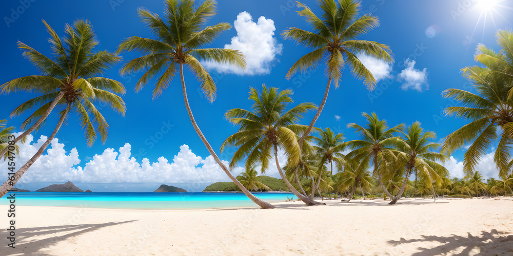 Panorama of beautiful tropical beach with coconut palm trees and blue sky. Seascape. Paradise tropical beach. Holiday Vacation concept. Generative AI technology.