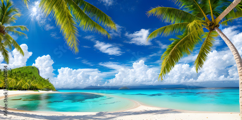 Panorama of beautiful tropical beach with coconut palm trees and blue sky. Seascape. Paradise tropical beach. Holiday Vacation concept. Generative AI technology.