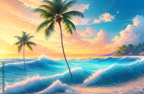 Beautiful tropical beach and sea landscape with coconut palm tree. Holiday Vacation concept. Tropical beach with palm trees at sunset. Beautiful sea waves. Generative AI technology. © vachom