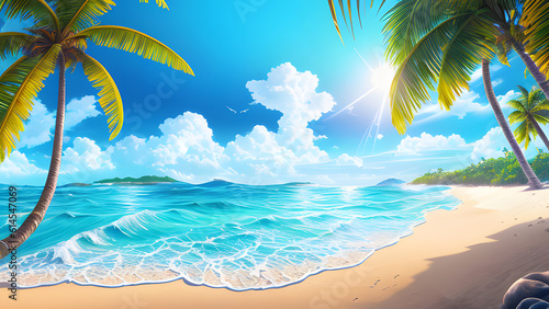 Panorama of beautiful tropical beach with coconut palm trees and blue sky. Seascape. Paradise tropical beach. Holiday Vacation concept. Generative AI technology.