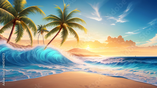 Beautiful tropical beach and sea landscape with coconut palm tree. Holiday Vacation concept. Tropical beach with palm trees at sunset. Beautiful sea waves. Generative AI technology. © vachom