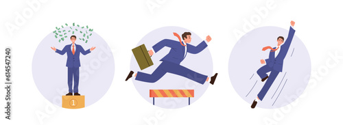 Successful business people cartoon characters overcoming difficulties celebrating goal achievement