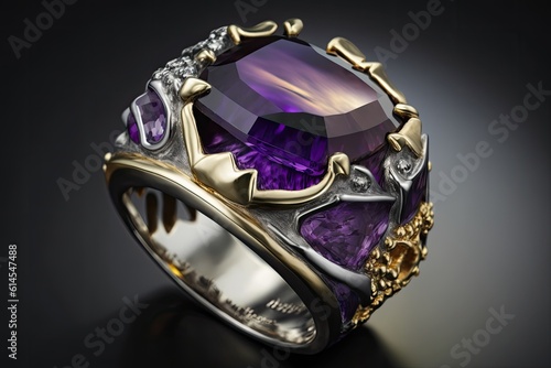 luxurious ring with a regal purple stone, encircled by gold and diamonds. Generative AI