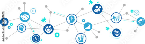 Leadership vector illustration. Banner with icons related to corporate company management, employee / staff support and guidance; leader, boss or supervisor in an organization; teamwork coaching.