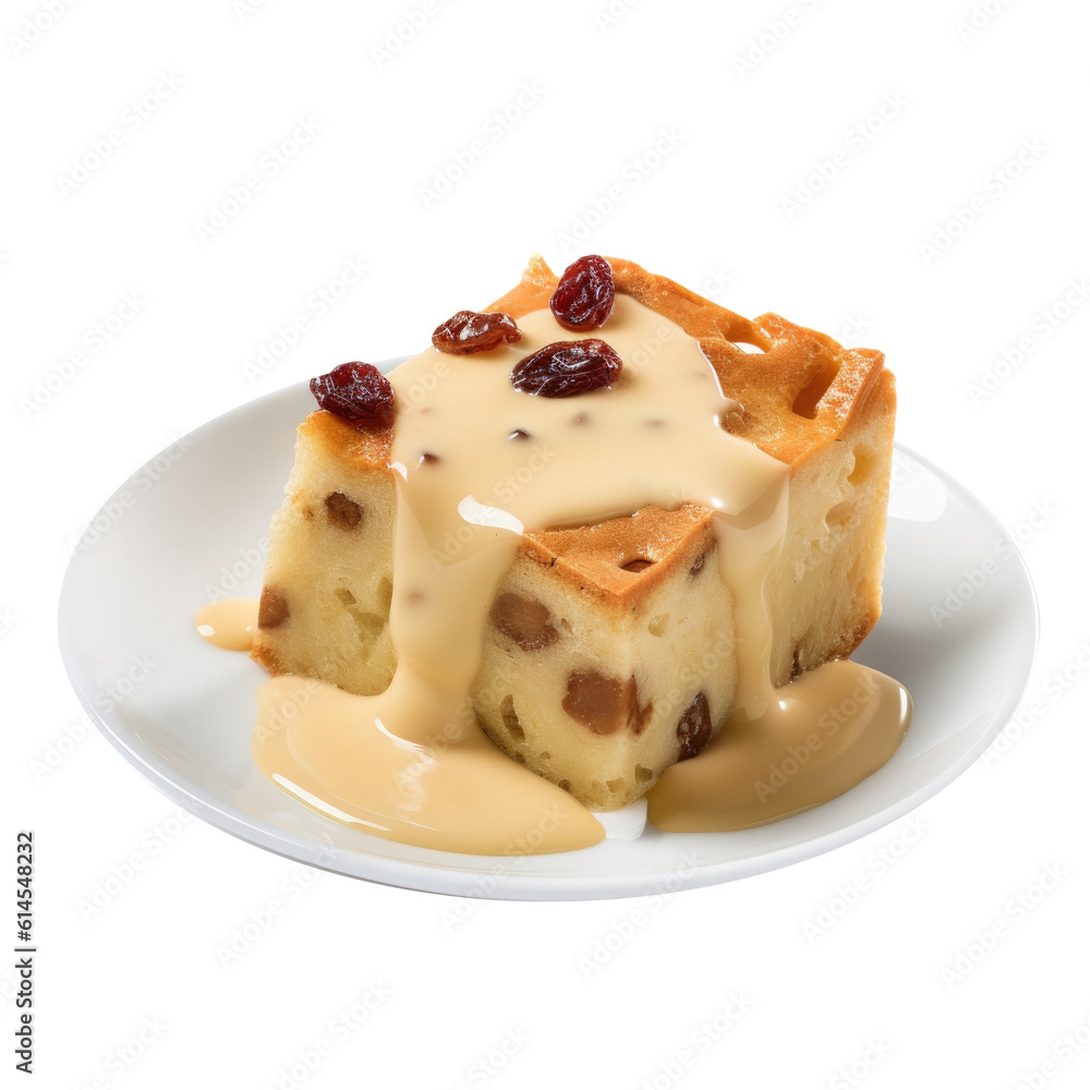 Delicious Plate of Bread Pudding with Custard Isolated on a Transparent Background - obrazy, fototapety, plakaty 