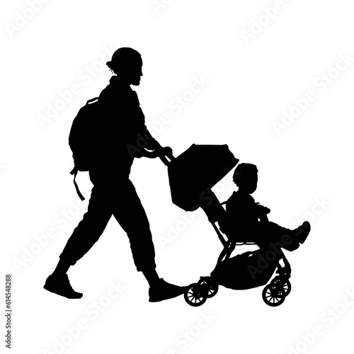 Young mother pushing a baby stroller side view vector silhouette.