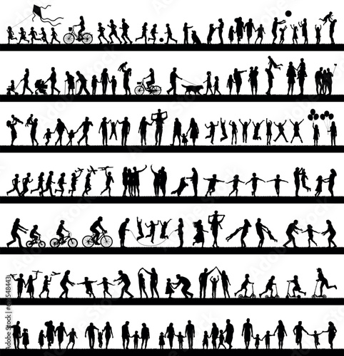 Group people teens adults seniors and kids having fun outdoor activities vector black silhouette set.