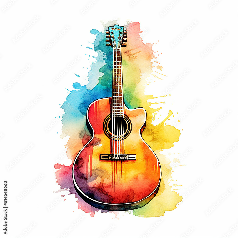 Guitar Clipart, watercolor style, Clipart, white background, Colorful, no text, watercolor clipart, realistic, epic detail, high resolution, Gouache style