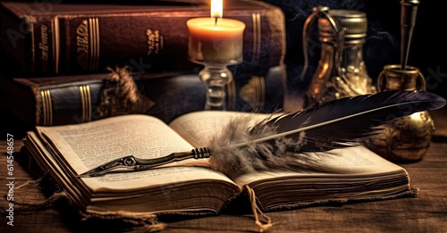 Old quill pen with inkwell and papers on wooden desk against vintage bookcase. retro style. banner copy space. Created with Generative AI technology.