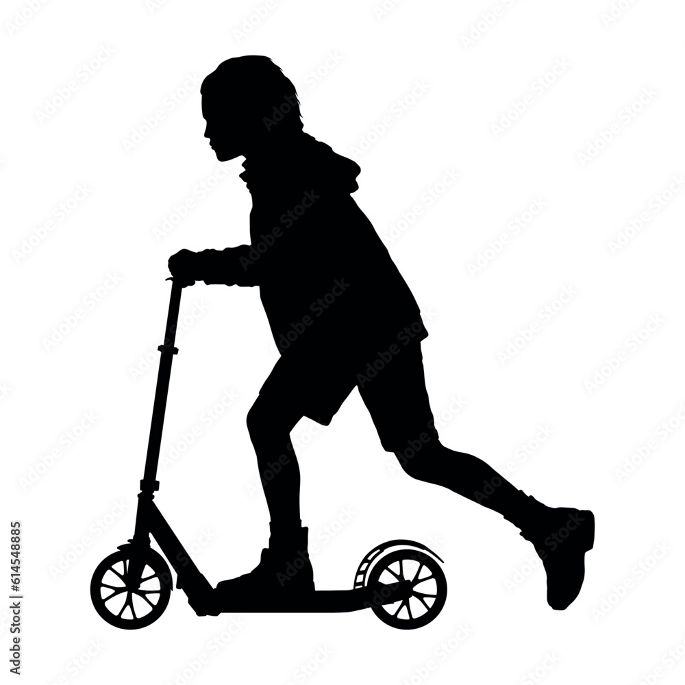 Boy riding kick scooter vector silhouette. Boy riding kick scooter vector silhouette.