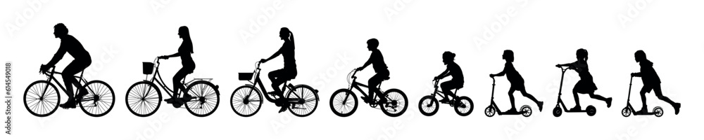 Family riding bicycles and scooters together side view black set silhouettes
