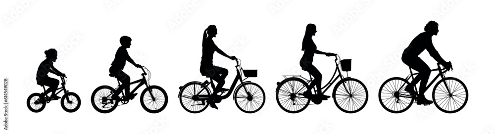 Obraz premium Parents with kids cycling together side view black silhouettes set.