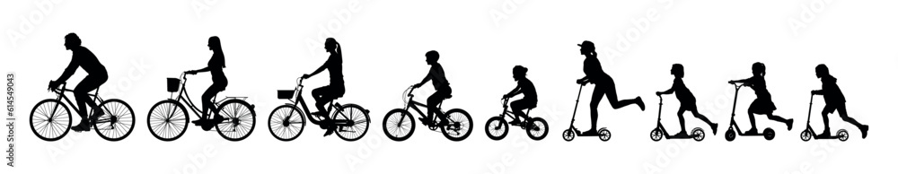 Obraz premium Silhouettes set of family riding bicycles together side view.