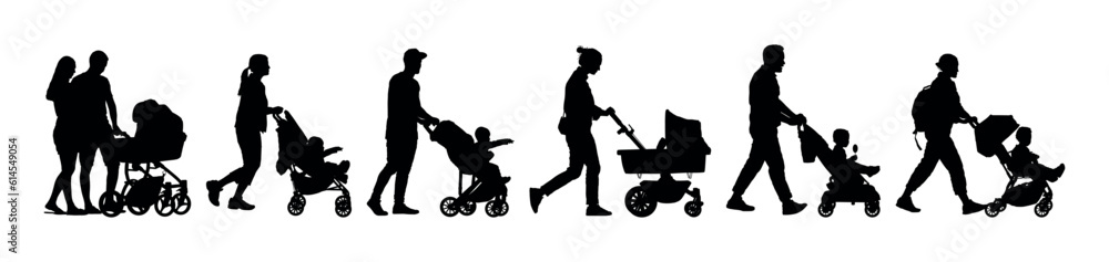 Group of parents pushing babies in strollers while walking outdoors side view vector silhouette set.
