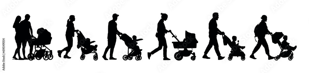 Group of parents pushing babies in strollers while walking outdoors side view vector silhouette set. Group of parents pushing babies in strollers while walking outdoors side view vector silhouette set.
