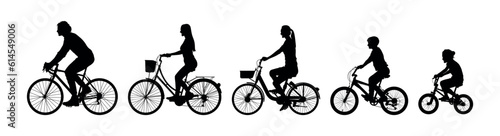 Family parent and kids riding bikes cycling together vector silhouettes.