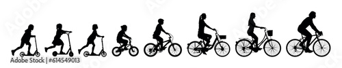 Fototapeta Naklejka Na Ścianę i Meble -  Silhouettes set of family riding bicycles and scooters together side view.