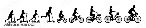 Group of people adults teens kids riding bicycles and scooters together side view black silhouettes set.