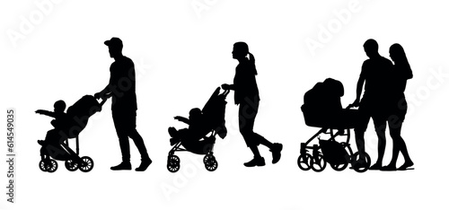 People walking and pushing baby in stroller side view silhouette set.