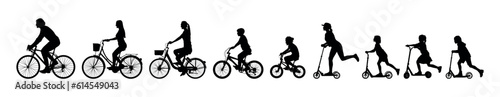 Silhouettes set of family riding bicycles together side view.