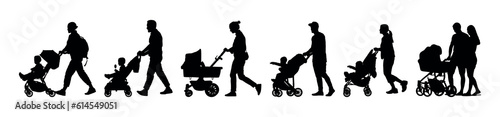 Group of parents walking pushing babies in strollers side view silhouette set.