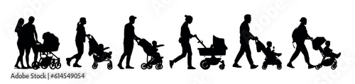 Group of parents pushing babies in strollers while walking outdoors side view vector silhouette set.