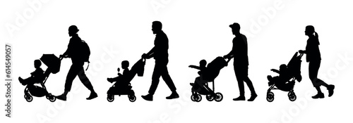 Group of parents walking with babies in strollers side view silhouette set.