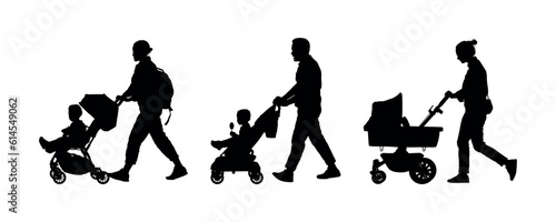 Group of people walking with babies in strollers side view silhouette set.