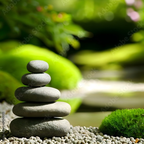 Closeup on stacked stones in a perfect zen garden