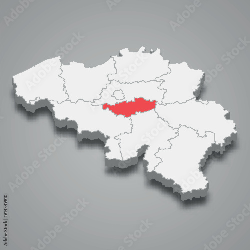 Walloon Brabant state location within Belgium 3d map
