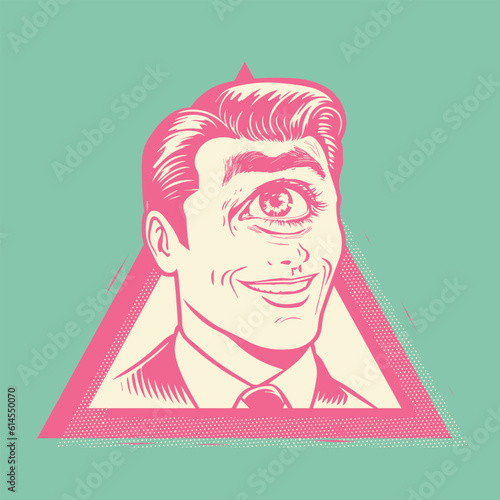 retro cartoon illustration of a mutant with one eye