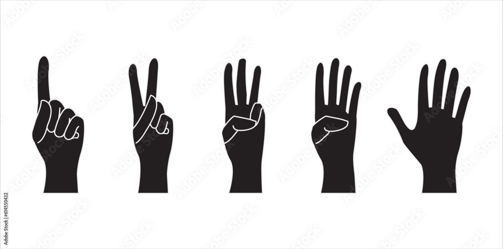 Set of hands showing different gestures silhouette human isolated on a white background. Vector flat illustration of count hands . Isolated flat vector illustration. Set of hands showing different gestures silhouette human isolated on a white background. Vector flat illustration of count hands . Isolated flat vector illustration.