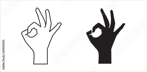 Hand gesture and was famous around the world. Ok hand sign illustration. Isolated Okay, agree or perfect black line symbol vector set.
