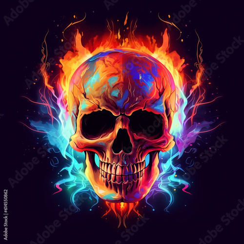 Colorful skull in flames. Generative AI