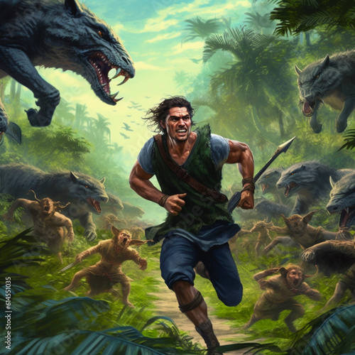 A Jungle Guy Running from the Worst Species in the Wood. photo