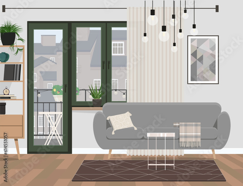 Room with a balcony and a panoramic view of the city.
