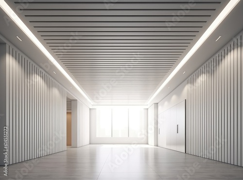 suspended ceiling with halogen spots lamps and drywall construction in empty room in apartment or house. Stretch ceiling white and complex shape. Created with Generative AI technology.