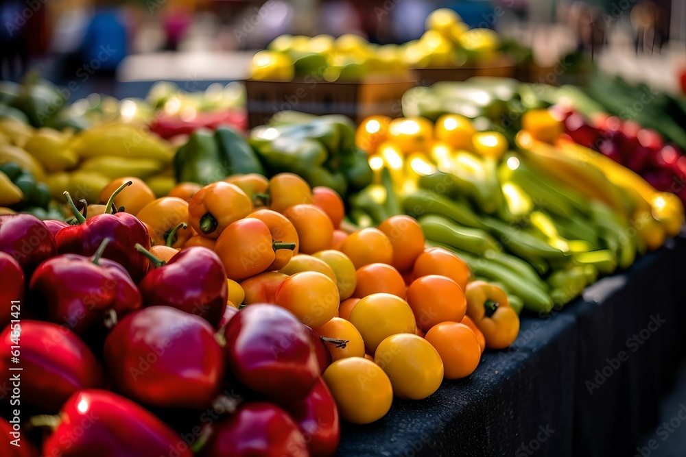 A vibrant summer farmers market brimming with a colorful array of fresh fruits and vegetables in closeup