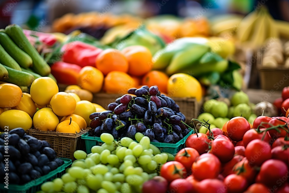 A vibrant summer farmers market brimming with a colorful array of fresh fruits and vegetables in closeup
