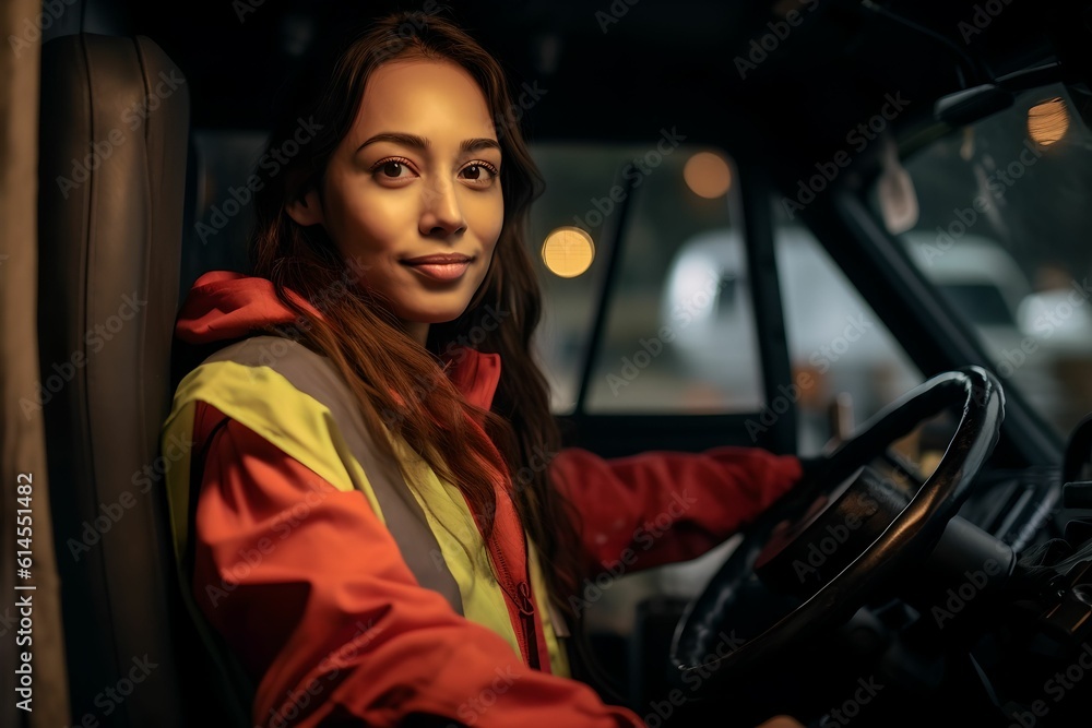 Φωτογραφία Candid shot of a confident female delivery truck driver seated at the helm, an e