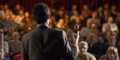 A speaker with microphone in front of audiences. Comedy music and theatre live performance