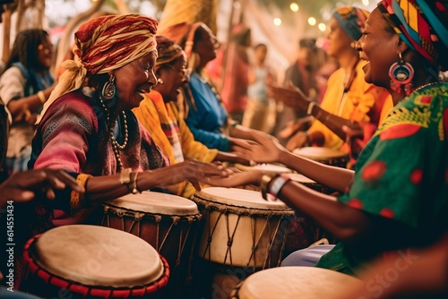 A vibrant drum circle featuring a diverse community creating energetic rhythms. The image radiates vitality and spirit, symbolizing unity and collective passion in music