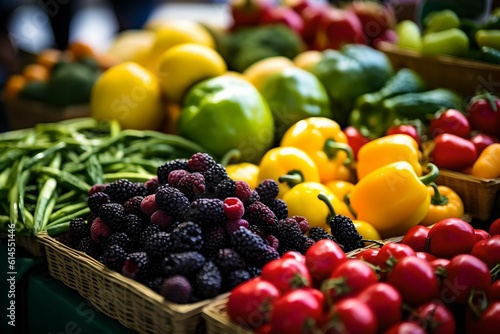 A vibrant summer farmers market brimming with a colorful array of fresh fruits and vegetables in closeup