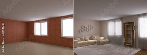 apartment renovation before and after 3d render, 3d illustration